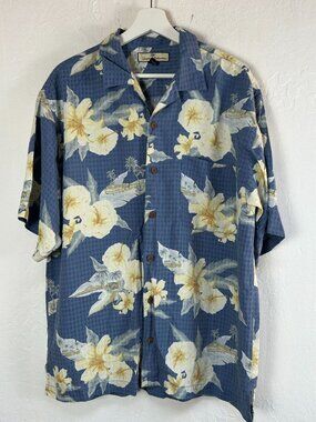 Tommy Bahama Mens Blue Silk Floral Button-Up Hawaiian Shirt Large Short Sleeve